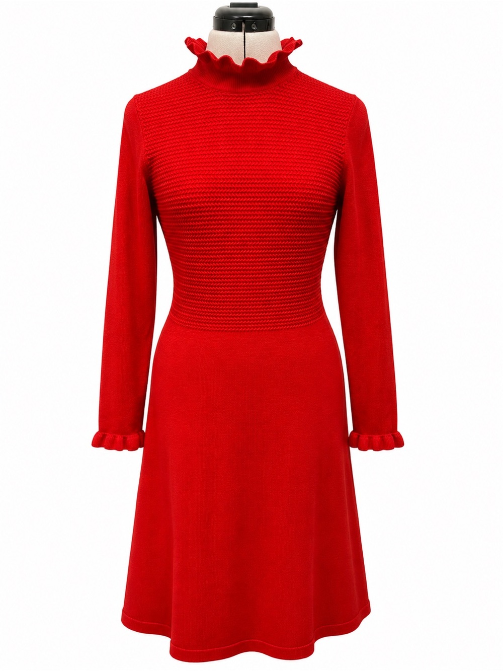 Retro Mod - Red Ruffle Trim Long Sleeve Knit Dress